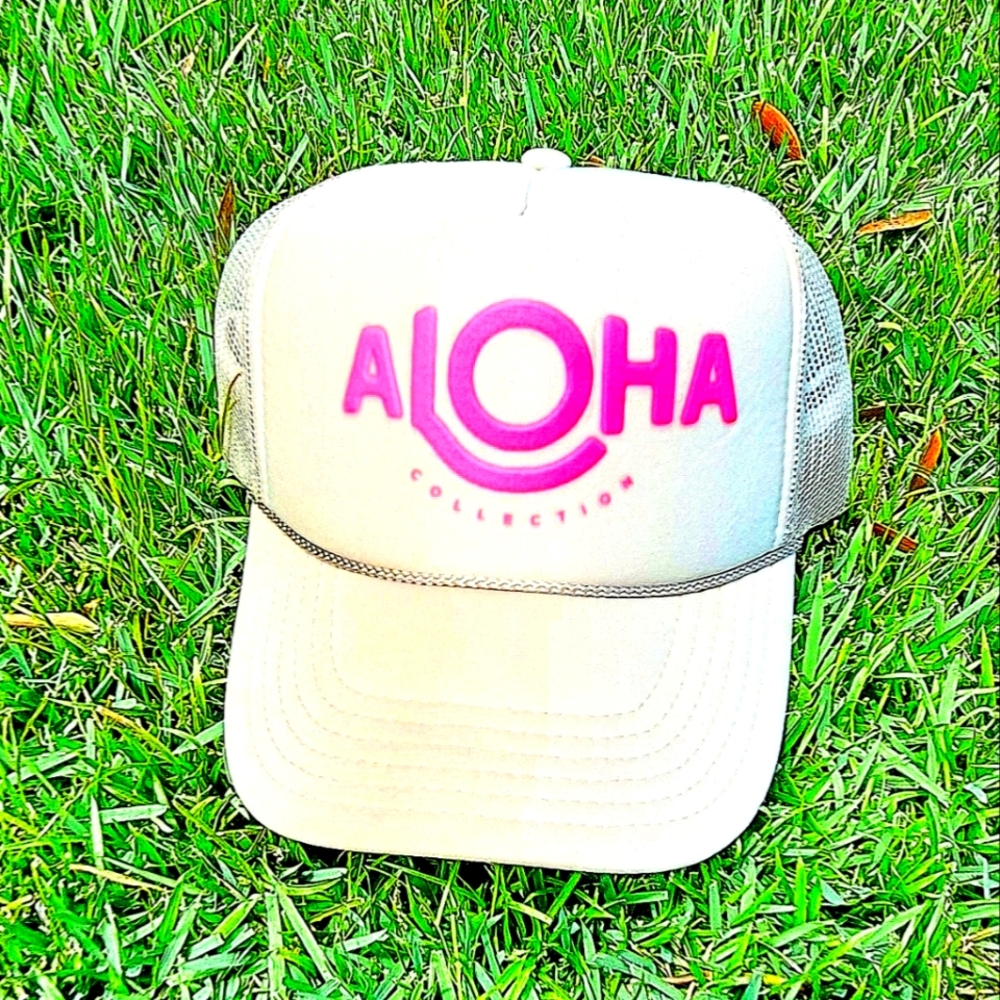 ALOHA Collection Logo Trucker Hat, Dune/Bubblegum Pink, OS